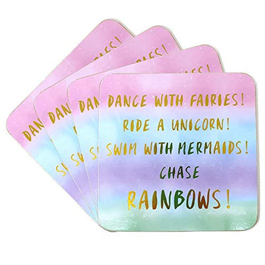 Set mit 4 pastellfarbenen Untersetzern, Motiv: Tanz mit Feen, Einhorn, Schwimmen mit Meerjungfrauen, Regenbogen im Sale